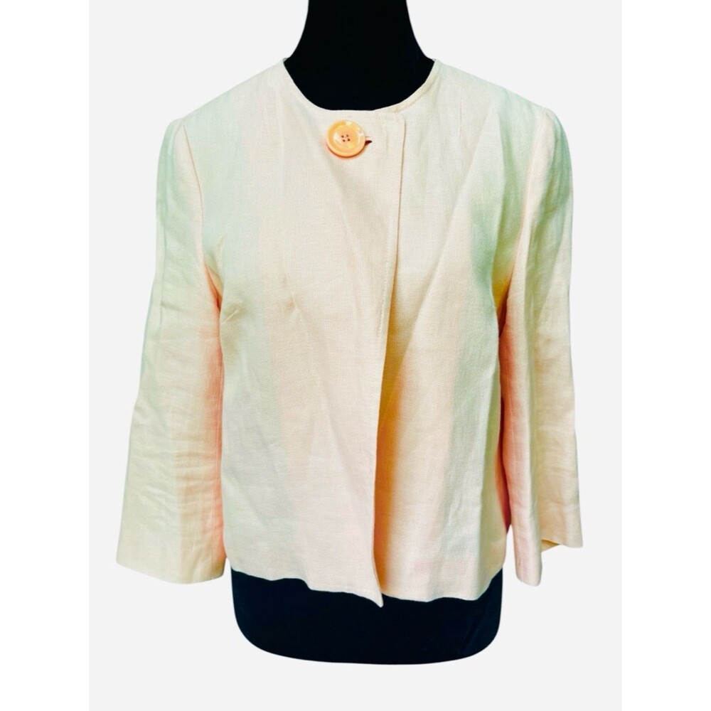 Talbots Irish Linen Cropped Blazer Pink Petite 8 Statement Button Mod Jacket